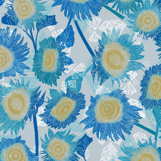 Pattern of blue and yellow flowers on a light blue background