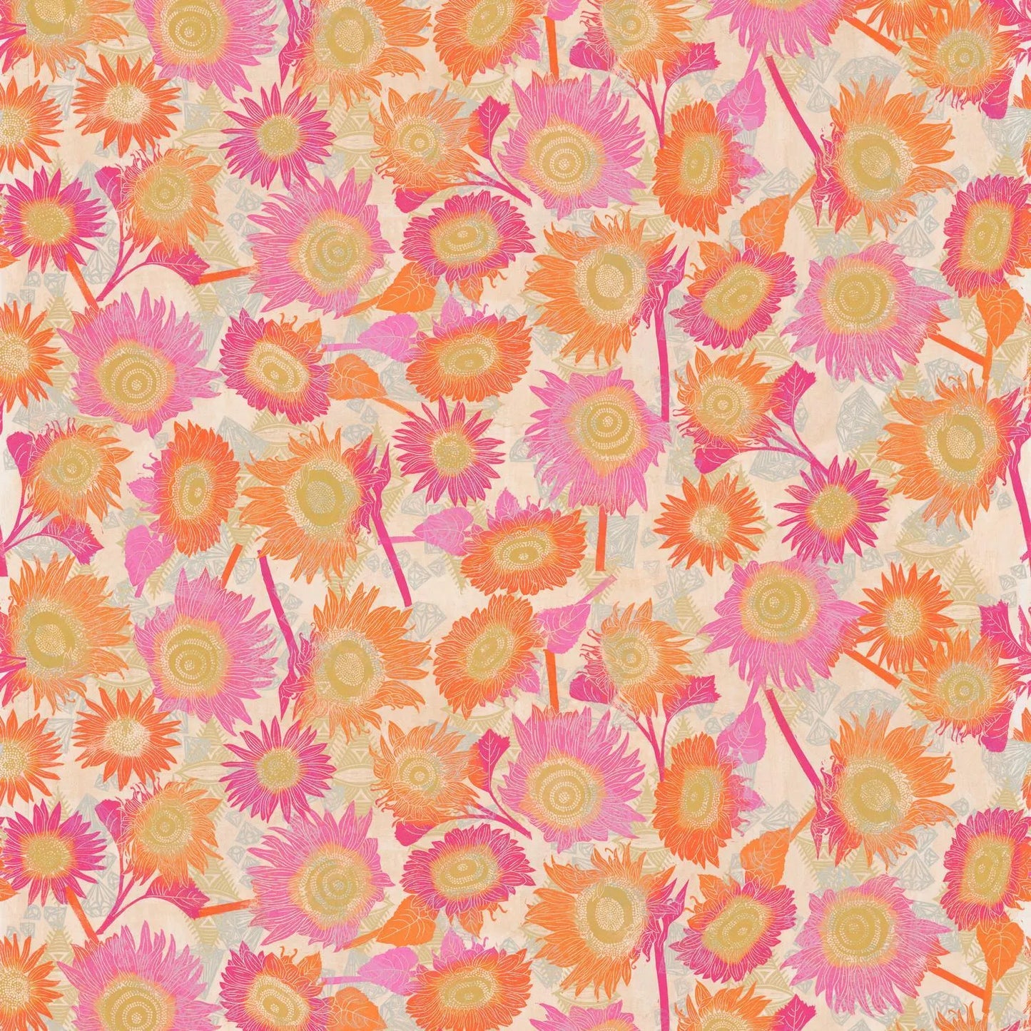 Colorful floral pattern with pink, orange, and yellow flowers on a beige background.