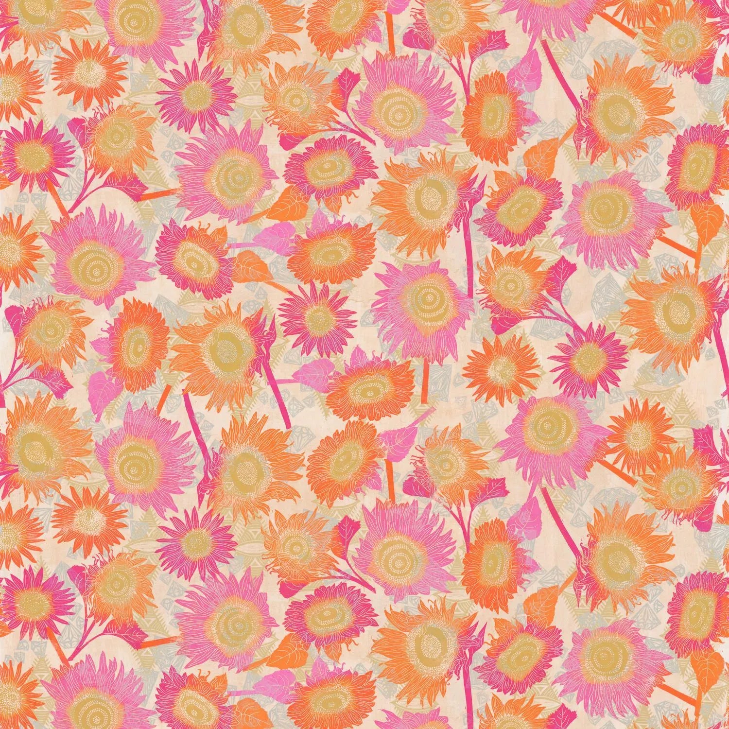 Colorful floral pattern with pink, orange, and yellow flowers on a beige background.