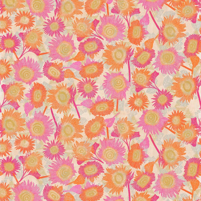 Colorful floral pattern with pink, orange, and yellow flowers on a beige background.