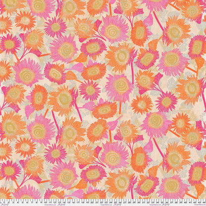 Colorful floral pattern with pink, orange, and yellow flowers on a beige background. Ruler for scale.
