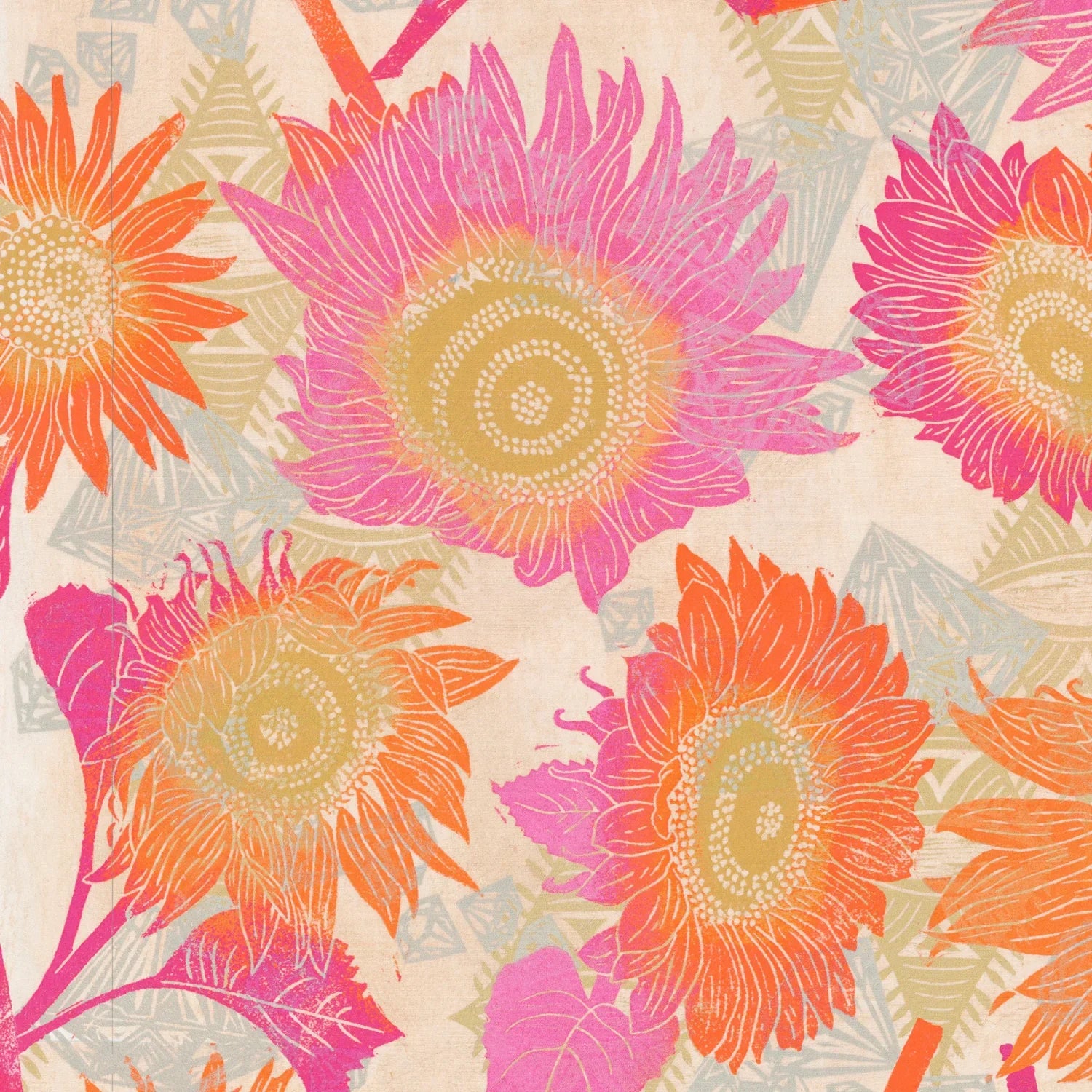 Pattern of colorful pink, orange, and fuchsia sunflowers on a beige background.