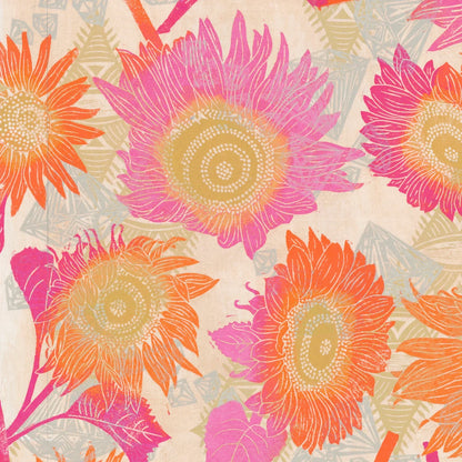 Pattern of colorful pink, orange, and fuchsia sunflowers on a beige background.