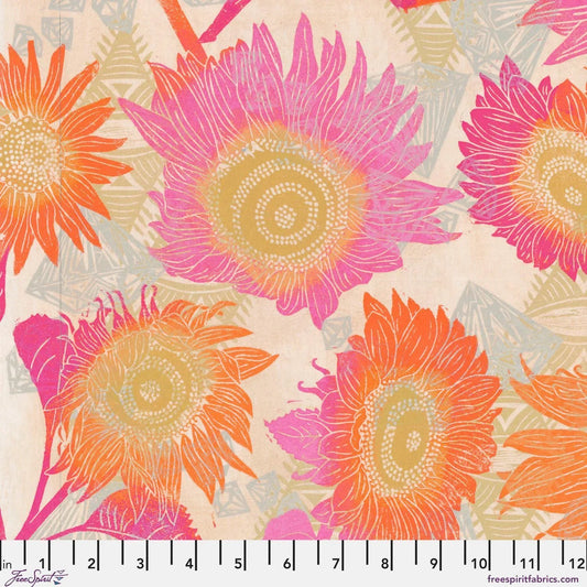 Colorful floral pattern with pink, orange, and yellow flowers on a beige background. Ruler for scale.