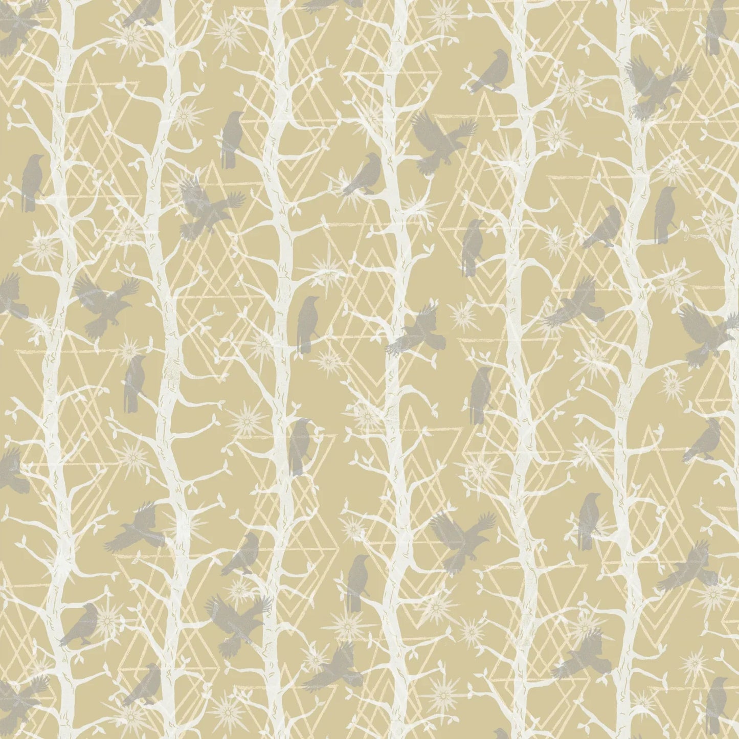 Pattern of grey birds and white branches on a soft beige background