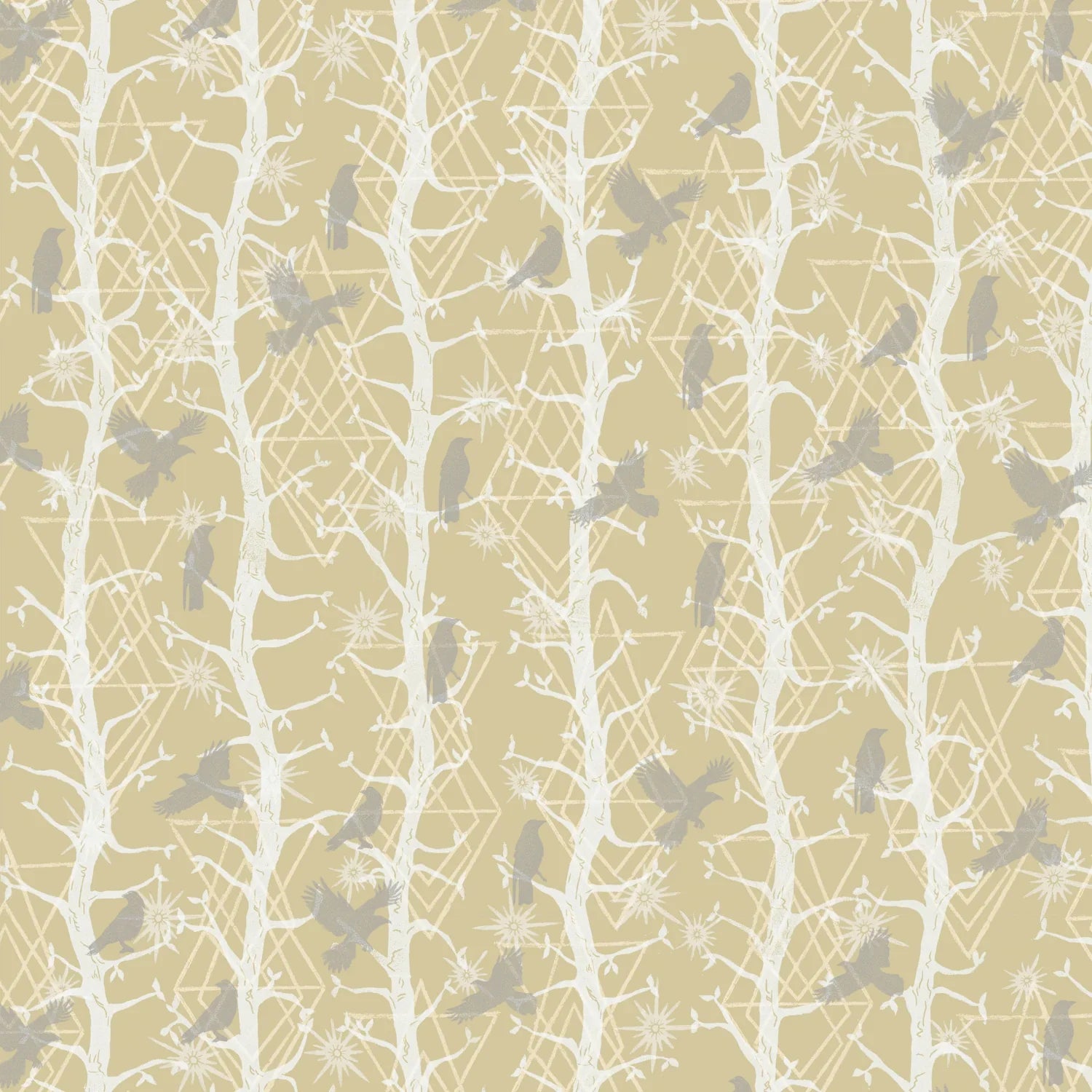 Pattern of grey birds and white branches on a soft beige background