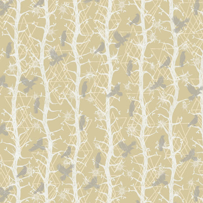 Pattern of grey birds and white branches on a soft beige background