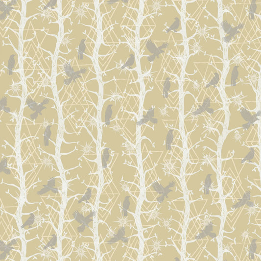 Pattern of grey birds and white branches on a soft beige background