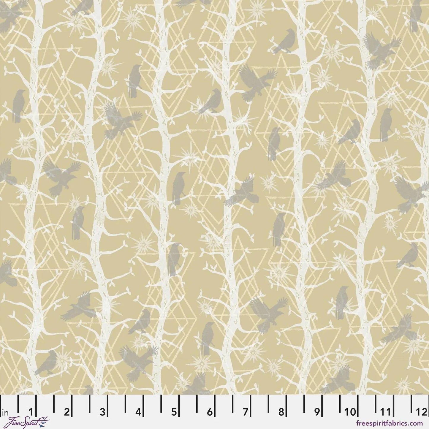 Pattern of grey birds and white branches on a soft beige background with a ruler for scale