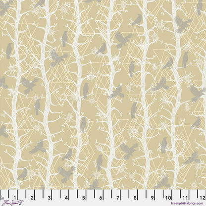 Pattern of grey birds and white branches on a soft beige background with a ruler for scale
