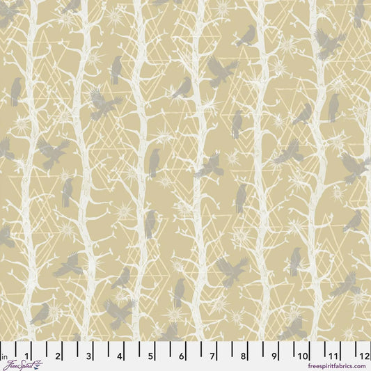 Pattern of grey birds and white branches on a soft beige background with a ruler for scale