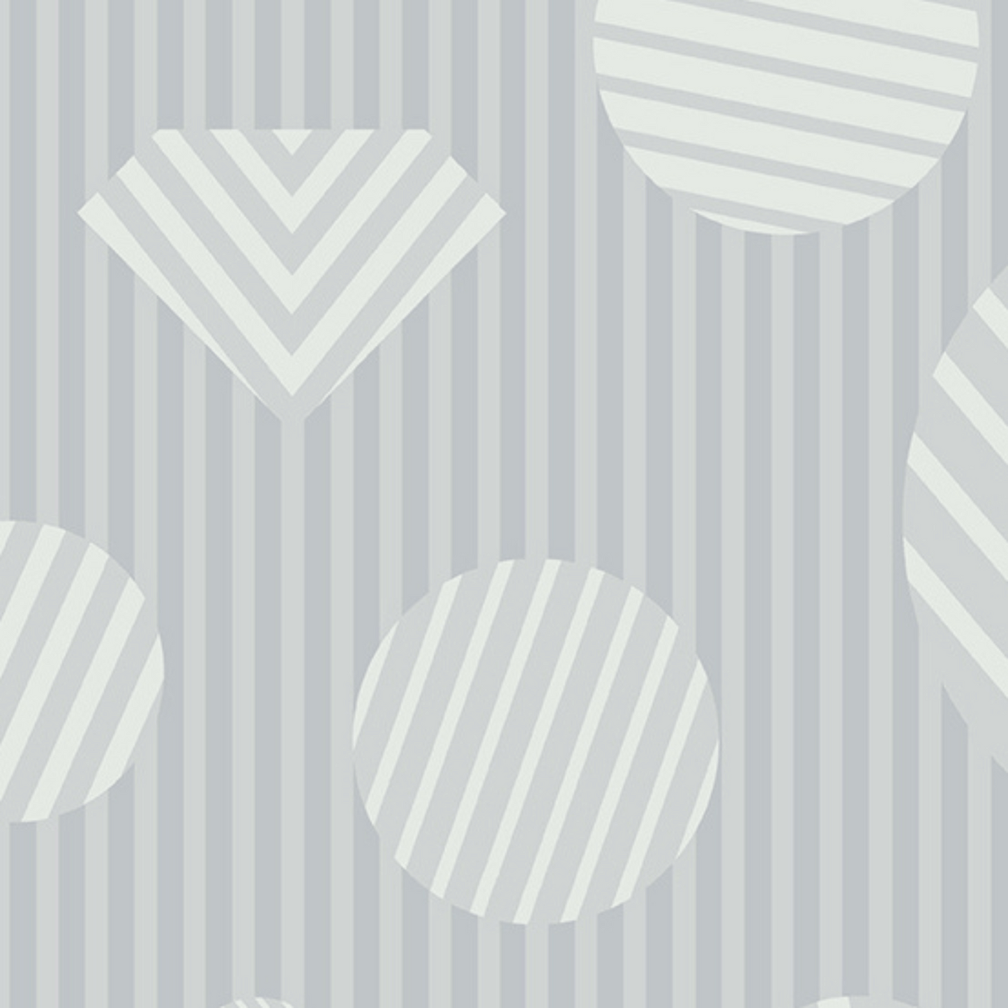 The Watcher Heartbreaker in Smoke features medium- and large-scale light-grey striped circles and gems on a grey-striped background. This print re-imagines the bestselling Heartbreaker print from Libs Elliott's first collection for Andover.