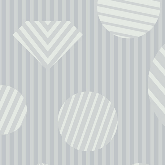 The Watcher Heartbreaker in Smoke features medium- and large-scale light-grey striped circles and gems on a grey-striped background. This print re-imagines the bestselling Heartbreaker print from Libs Elliott's first collection for Andover.