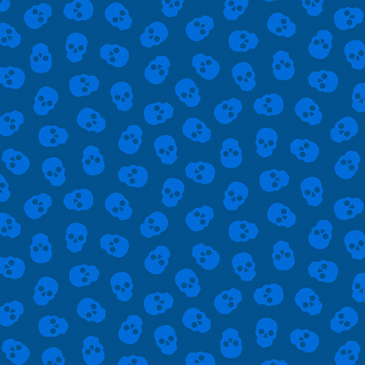 The Watcher Tainted Love in Blackberry features small blue skulls tossed across a deep blue background.