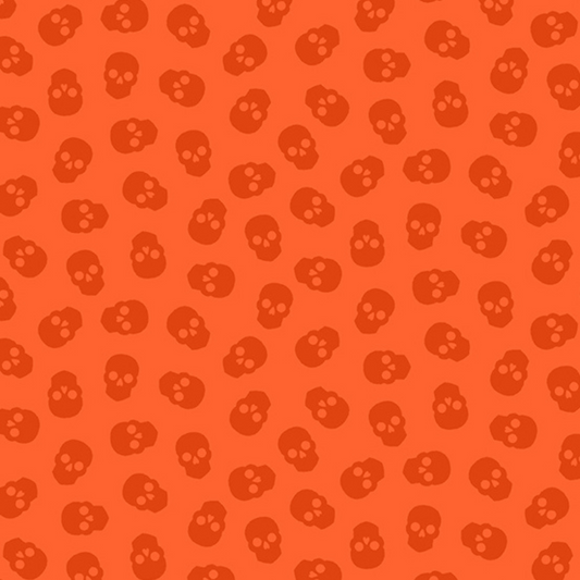 The Watcher Tainted Love in Blood Orange features small dark orange skulls tossed across a tangerine background.