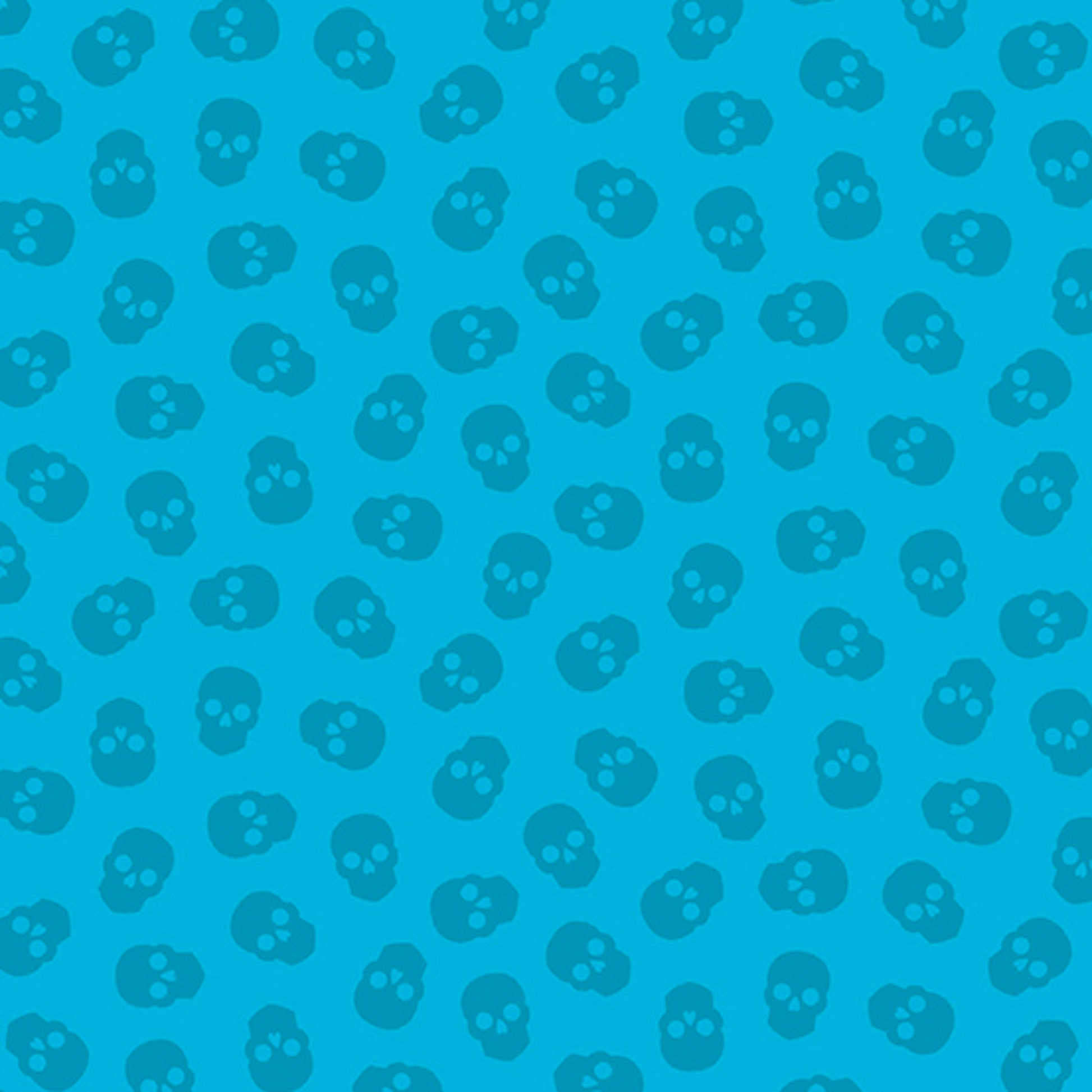 The Watcher Tainted Love in Blueberry features small dark blue skulls tossed across a turquoise background.