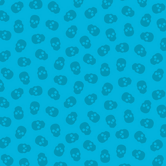 The Watcher Tainted Love in Blueberry features small dark blue skulls tossed across a turquoise background.