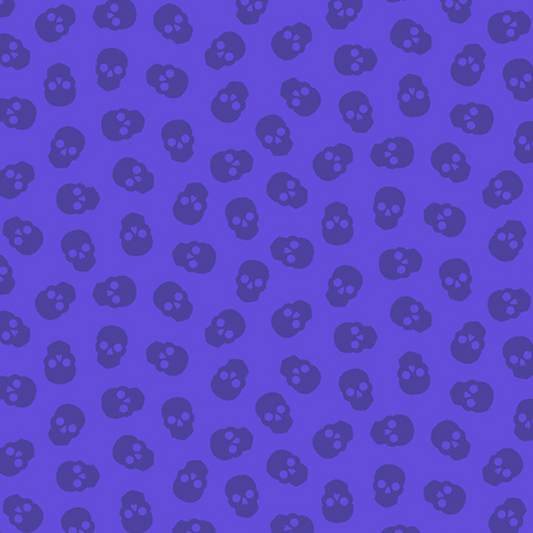 The Watcher Tainted Love in Fig features small dark purple skulls tossed across a violet background.