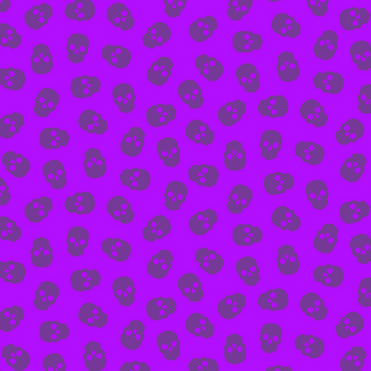 The Watcher Tainted Love in Grape features small dark skulls tossed across a royal purple background.