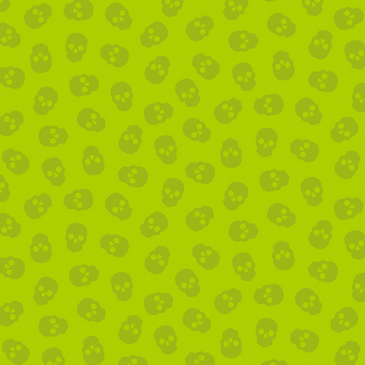 The Watcher Tainted Love in Kiwi features small green skulls tossed across a bright green background.