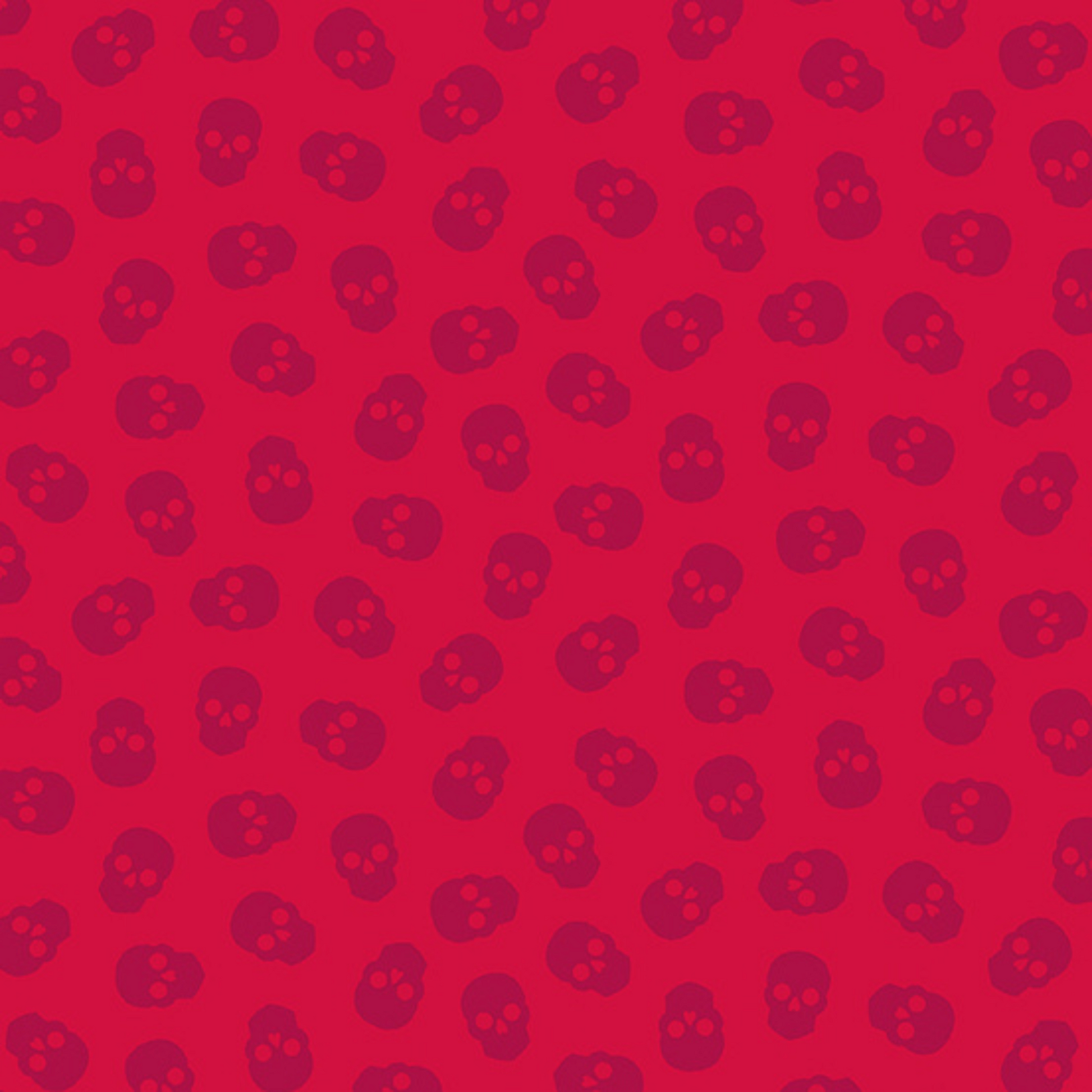 The Watcher Tainted Love in Raspberry features small ruby skulls tossed across a bright red background.