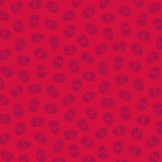 The Watcher Tainted Love in Raspberry features small ruby skulls tossed across a bright red background.