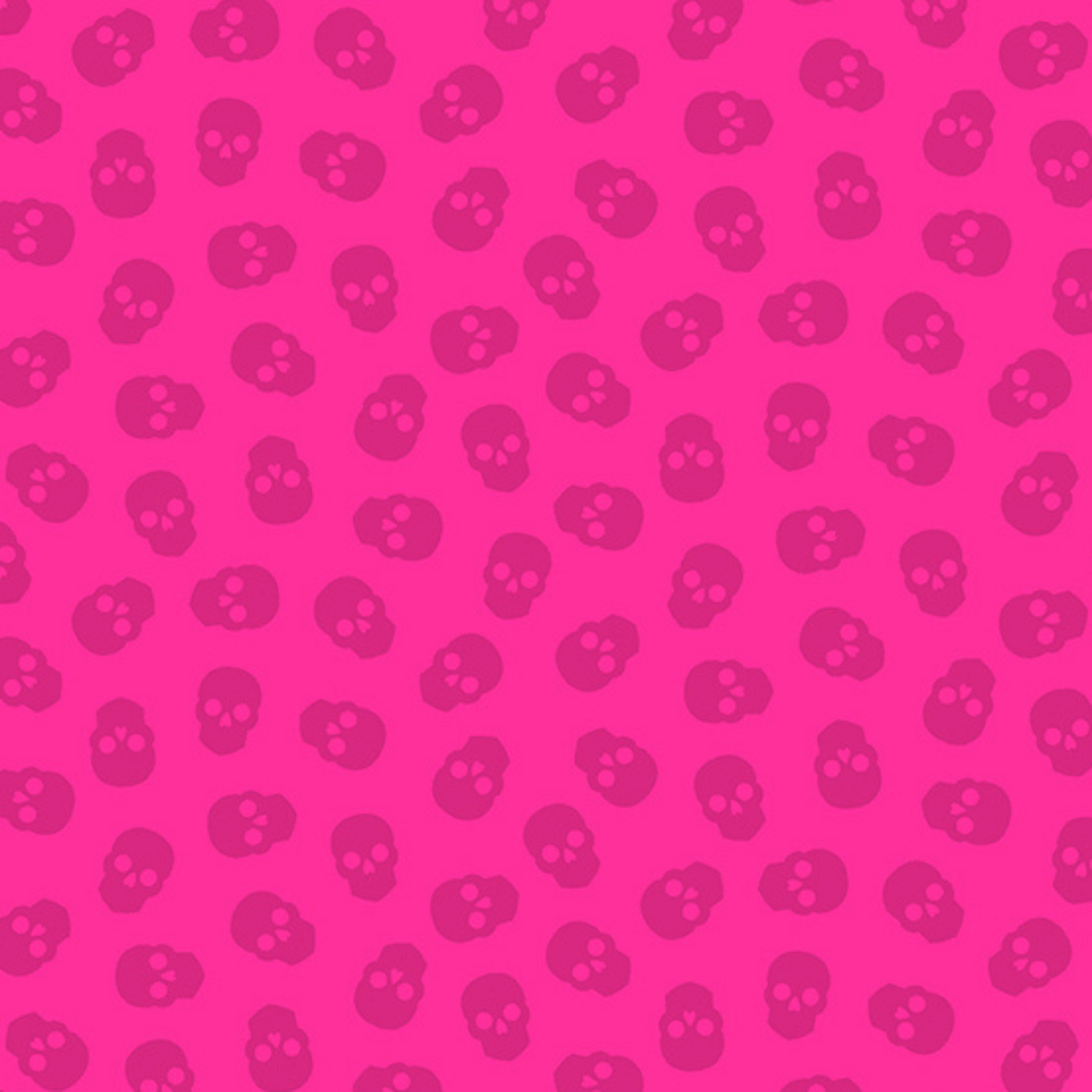 The Watcher Tainted Love in Strawberry features small dark pink skulls tossed across a bright pink background.