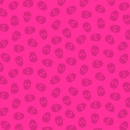 The Watcher Tainted Love in Strawberry features small dark pink skulls tossed across a bright pink background.