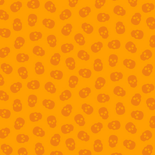 The Watcher Tainted Love in Tangerine features small orange skulls tossed across a light orange background.