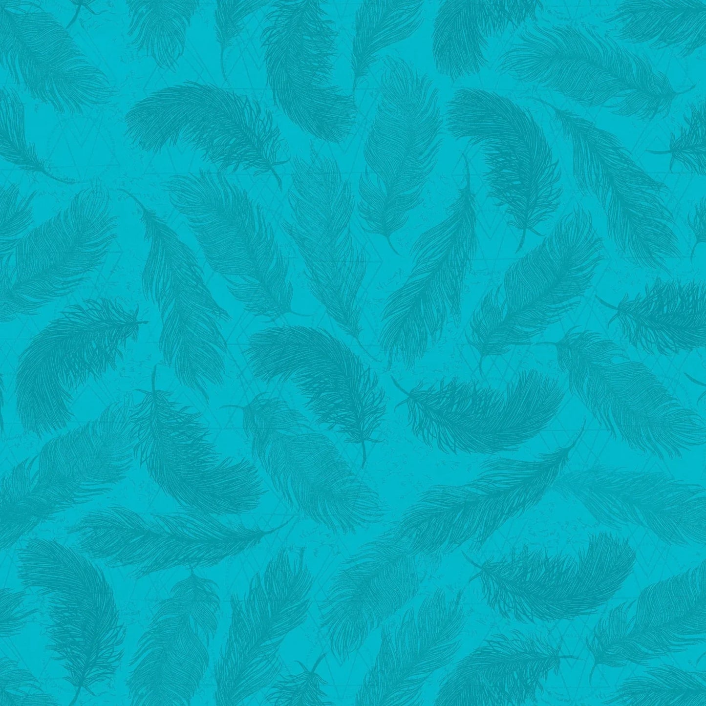 Pattern of blue feathers on a textured aqua background.