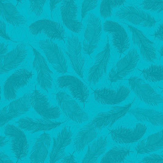 Pattern of blue feathers on a textured aqua background.