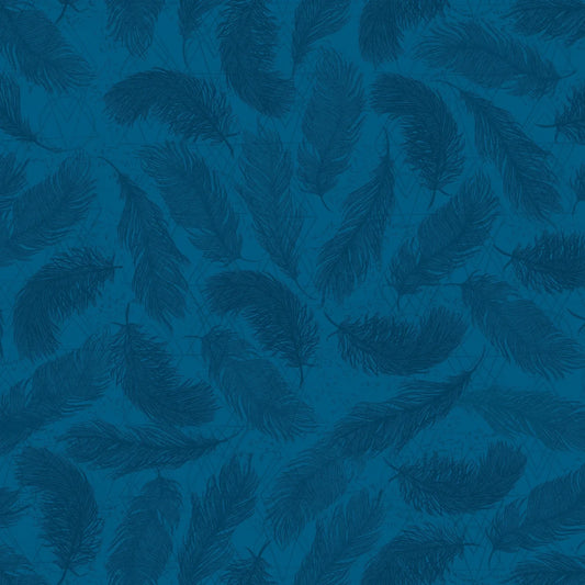 Pattern of dark blue feathers on a textured blue background