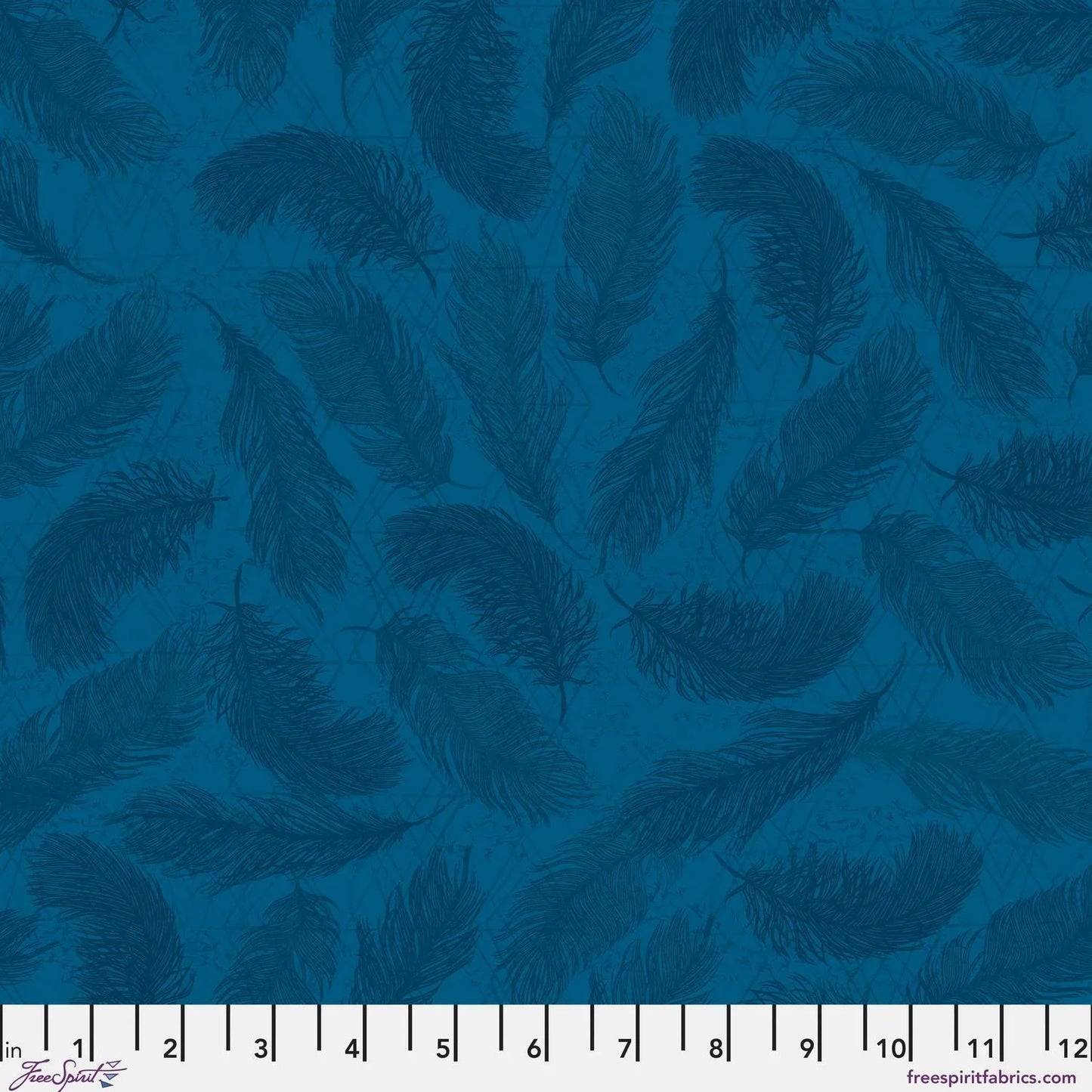 Pattern of dark blue feathers on a textured blue background with a ruler for scale.