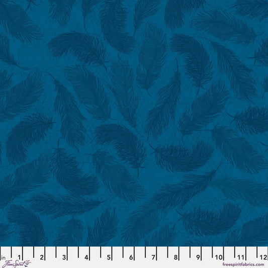 Pattern of dark blue feathers on a textured blue background with a ruler for scale.
