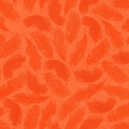 Pattern of red-orange feathers on a textured orange background.