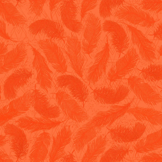 Pattern of red-orange feathers on a textured orange background.