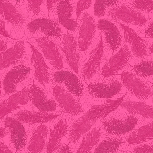 Pattern of magenta feathers on a textured pink background.
