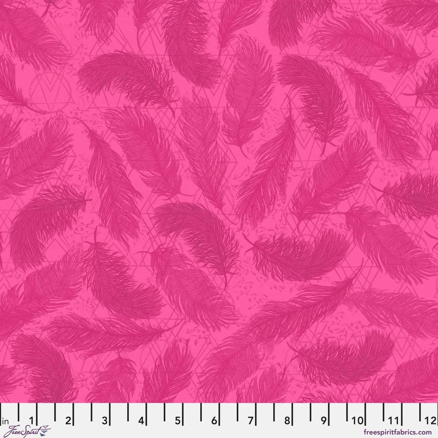 Pattern of magenta feathers on a textured pink background with a ruler for scale.