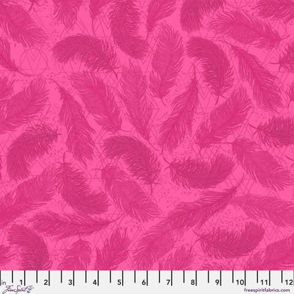 Pattern of magenta feathers on a textured pink background with a ruler for scale.