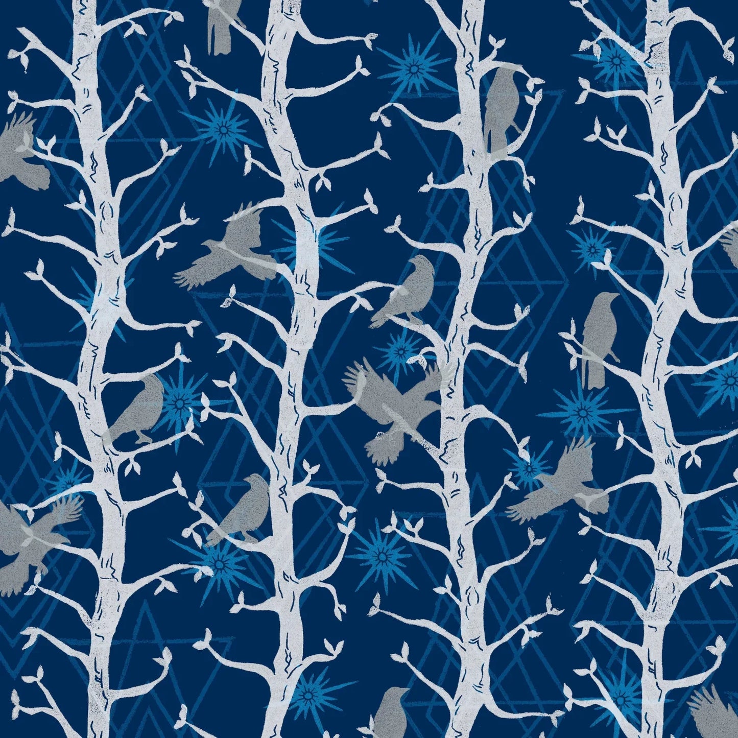 Pattern of grey birds on white branches against a blue background