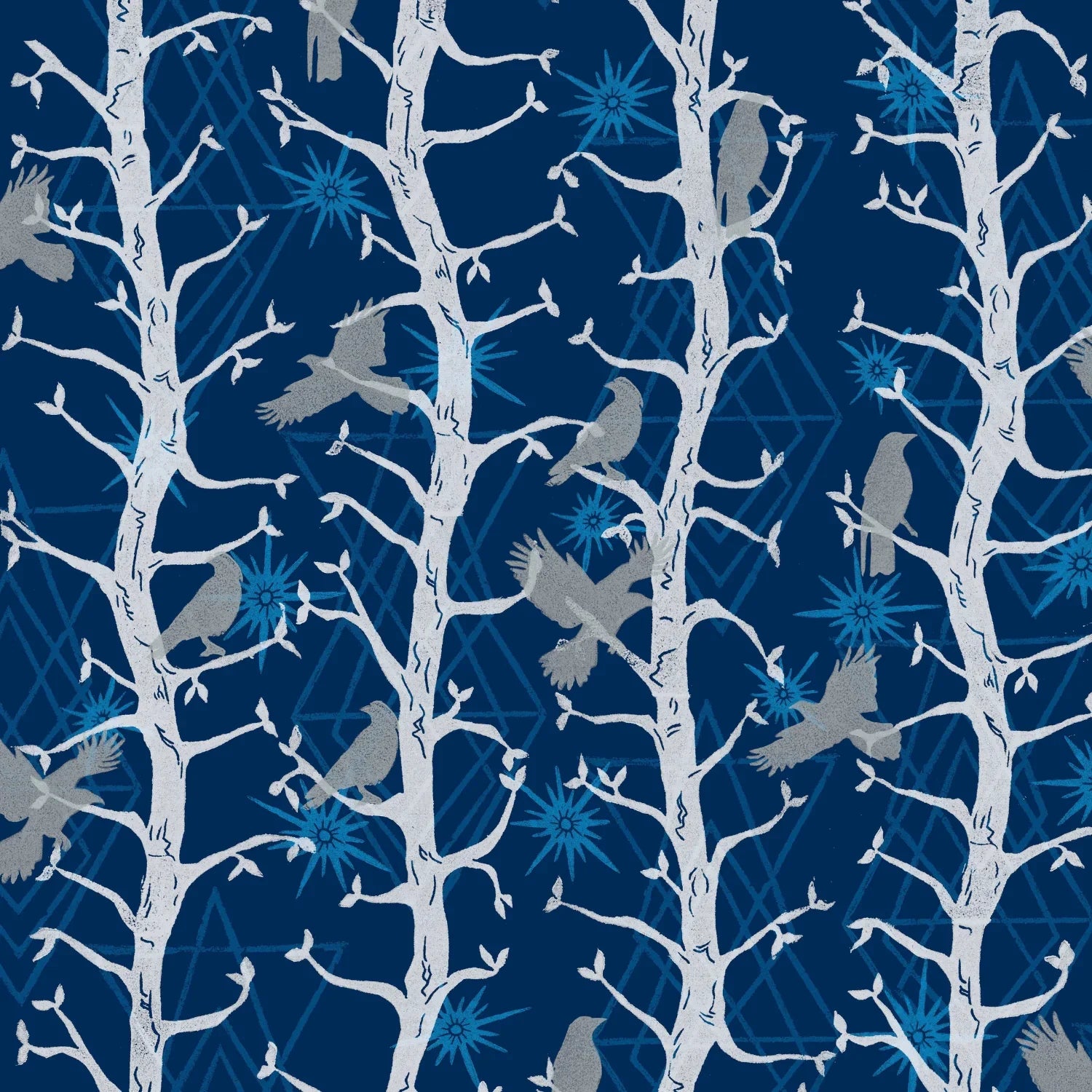 Pattern of grey birds on white branches against a blue background