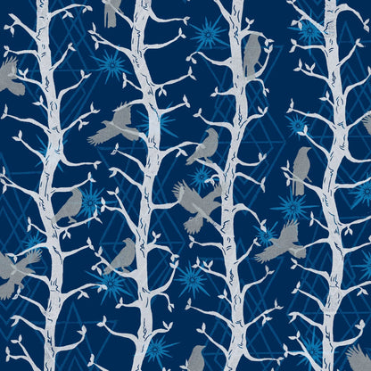 Pattern of grey birds on white branches against a blue background
