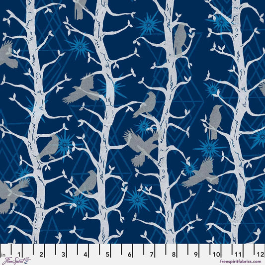 Pattern of grey birds on white branches against a blue background with a ruler for scale.