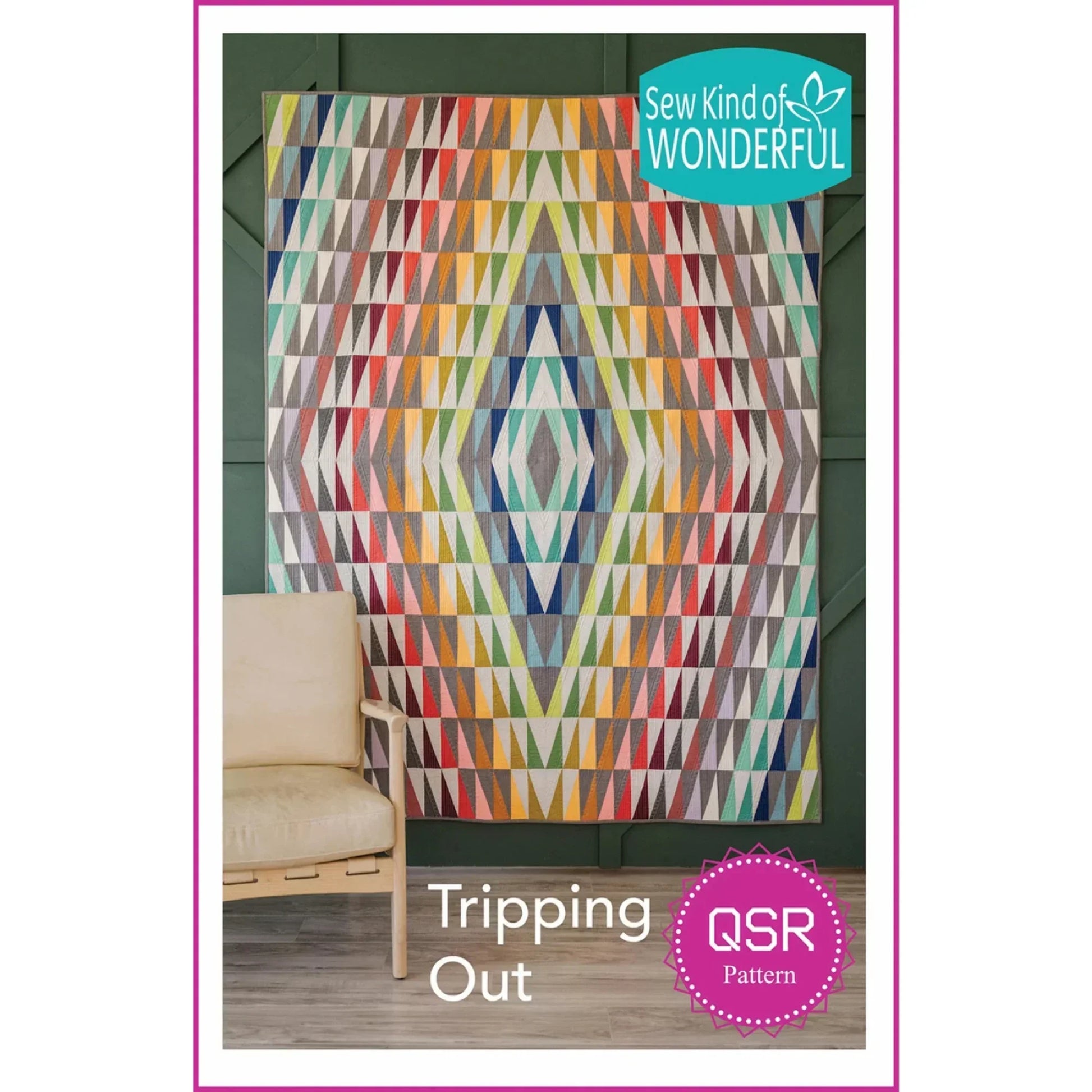 Colorful geometric quilt with 'Sew Kind of Wonderful' branding on a green wall.