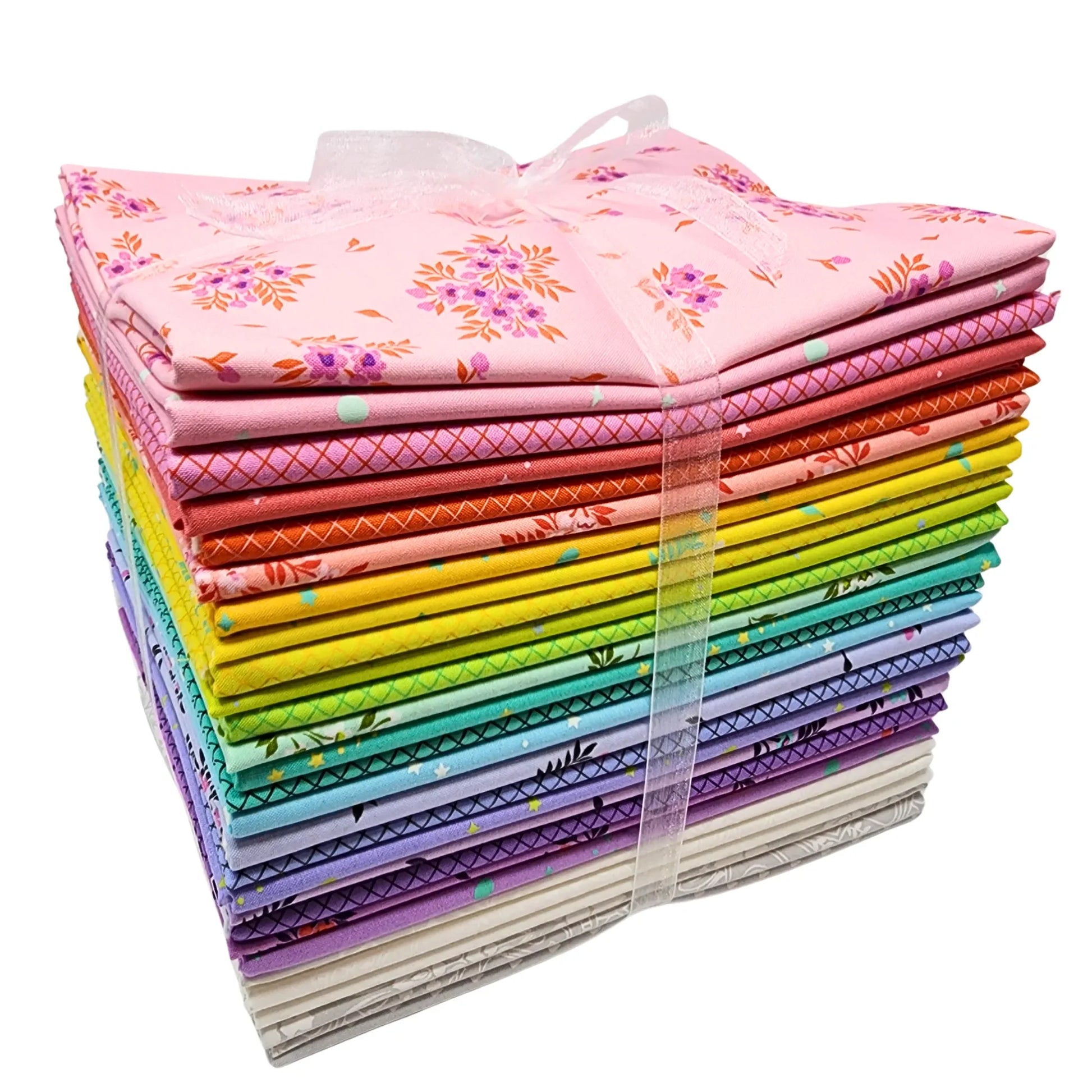 Stack of colorful fabric bundles tied with a ribbon on a white background