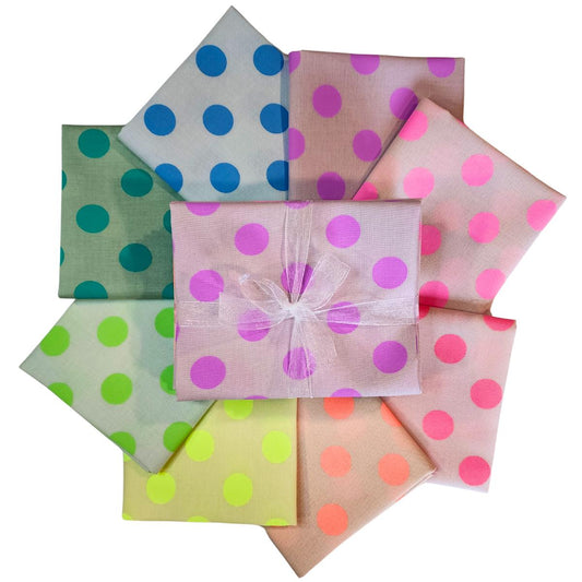 The True Colors - Neon Pom Poms Fat Quarter Bundle contains 8 hand-cut fat quarters measuring approximately 18" x 21".