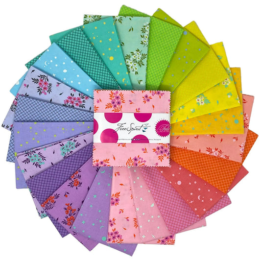 Colorful fabric swatches are arranged in a circular pattern with a 5-inch charm pack in the center.