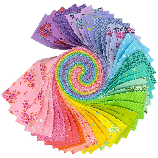 Colorful fabric strips arranged in a circular fan pattern on a white background