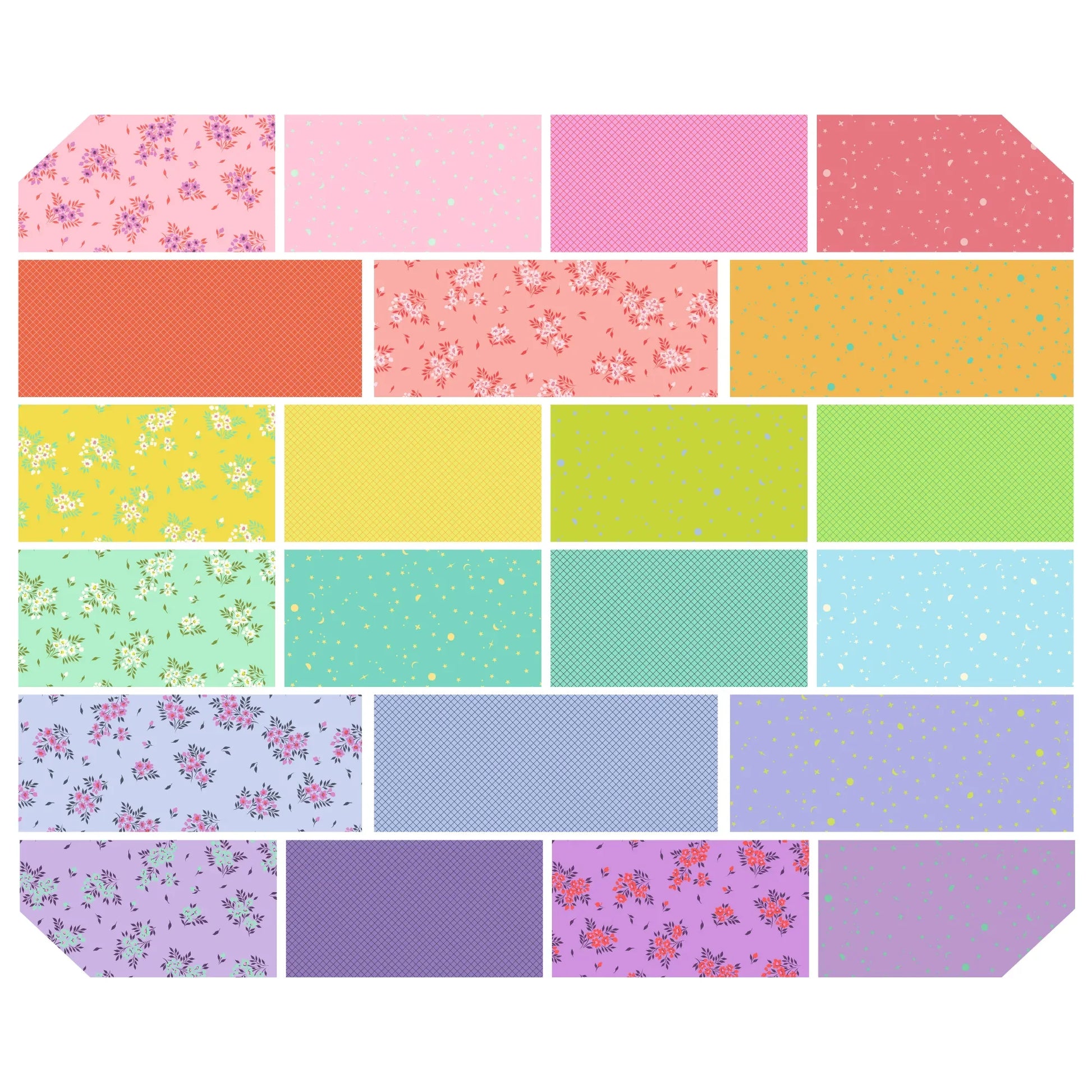 Collection of colorful fabric swatches arranged in a grid pattern.