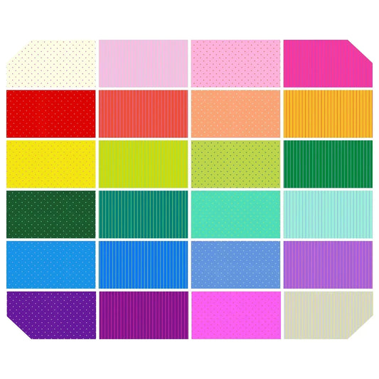 Grid of colorful square fabric swatches with various patterns on a white background